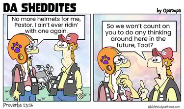 A two-panel, color comicstrip about Christian bikers and wearing helmets.
