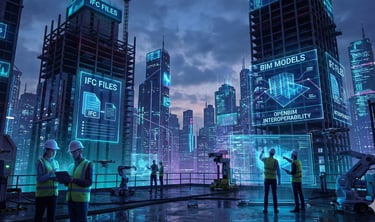 Photographie futuriste d'un chantier de construction cyberpunk la nuit, baigné de lumières néon bleues et cyan.