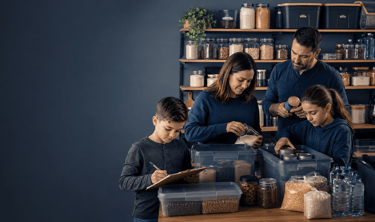 A family organizing emergency food supplies and water in a pantry for disaster preparedness.