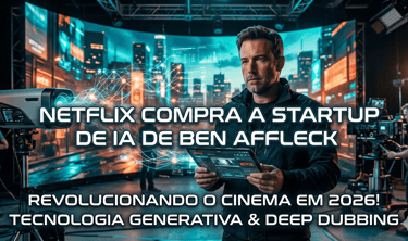 Banner tecnológico mostrando o logo da Netflix se transformando em circuitos de inteligência artific