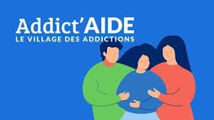 Addict'AIDE logo featuring a diverse group of three people embracing for addiction support services.