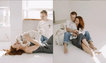 Tạo dáng vui đùa cùng thú cưng giúp bức ảnh thêm phần ấm áp