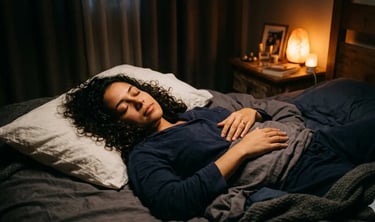 A woman sleeping peacefully in bed with a salt lamp glowing on the nightstand.