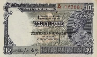 King George V Legal Tender Burma Overprint 10 Rupee Banknote