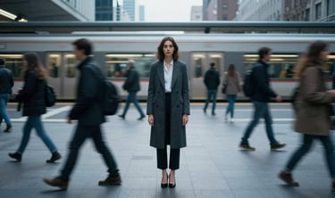 Woman standing perfectly still while blurred crowd moves around her in motion