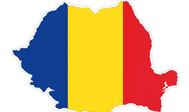 Map of Romania shaped with the blue, yellow, and red tricolor flag on a black background.