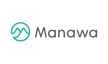 Manawa logo featuring a green circular mountain icon and grey minimalist typography on a black background.