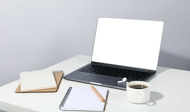 Tidy workspace with laptop and planner — lifestyle support provided by simplelilac organizers