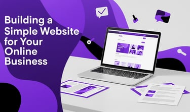 A laptop displaying a website design, with "Building a Simple Website for your Online business" text
