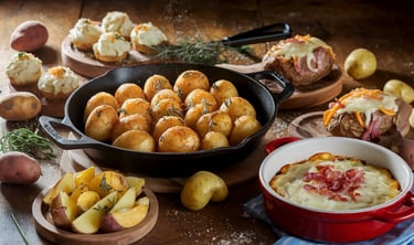 a variety of baked potatoes on a table