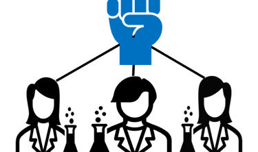 3 scientists attached to controlling hand via strings