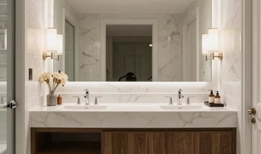 A luxurious bathroom featuring a freestanding tub, glass shower, and soft ambient lighting.
