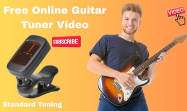 A man holding an electric guitar next to a virtual guitar tuner for a free online tuning video.