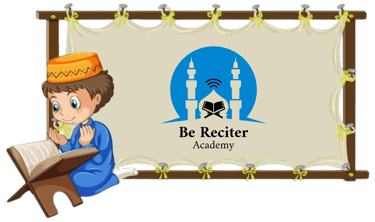 Muslim boy reciting Quran next to Be Reciter Academy logo with mosque minarets.