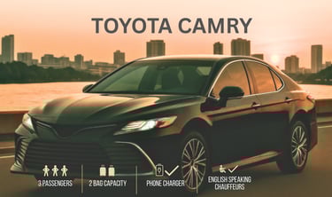 Toyota Camry sedan for premium chauffeur service in Thailand, seating 3 passengers with luggage, pho