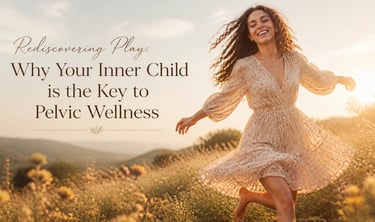 A smiling woman dancing in a sunlit field, illustrating inner child play and pelvic wellness.