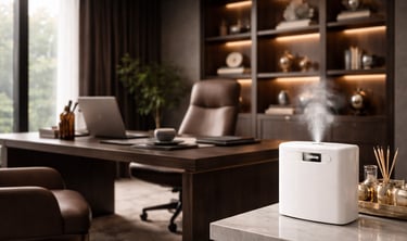 Difusor electrico blanco emitiendo aroma en una oficina de lujo