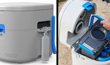 Collage showing the GottaGo chemical toilet and the cassette inside.