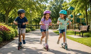 Children riding scooters through the park.
