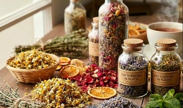 plantes et tisanes en vrac et en flacons sur une table rustique