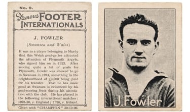 Vintage 1926 Famous Footer Internationals trading card featuring Welsh footballer J. Fowler.