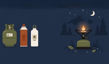 Illustrated multi-fuel camping stove with propane, butane, and white gas — Horacio & Visconti