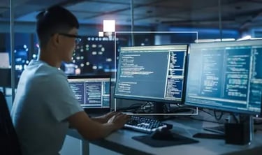 muestra una chica sentada mirando 2 monitores de PC en una sala computarizada