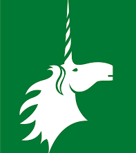 a white unicorn with a green background