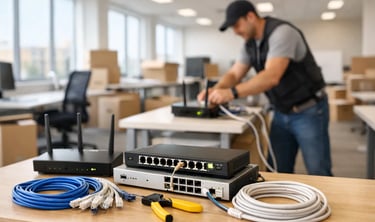 A network technician installs hardware including Ethernet switches, routers, and cables in an office.