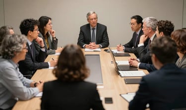 A professional photograph of a group of academics in a formal discussion around a large conference table. No casual elements; everyone is in professional attire. Soft, authoritative lighting.