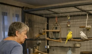 senior fatigué qui doit nettoyer la grande volière de ses oiseaux 