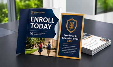 School printing materials including brochures, flyers, ID cards and banners