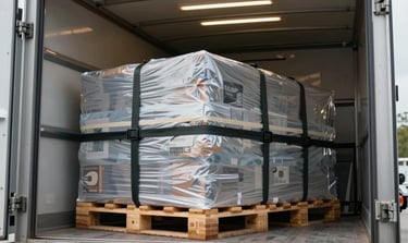 Wide shot of secured cargo pallets wrapped and strapped inside a modern freight truck interior, load management straps visible, industrial overhead lighting, emphasizing methodical cargo protection