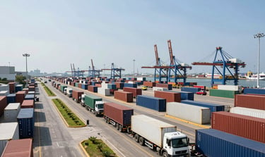 Wide panoramic view of Cartagena port logistics area at midday, container trucks on access roads, industrial port infrastructure in background, clear sky, real operational environment