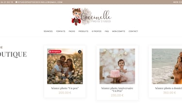Coccinelle Photo Studio boutique website page featuring family, baby, and pregnancy photography sessions.