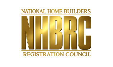 Gold metallic NHBRC logo for the National Home Builders Registration Council on a black background.
