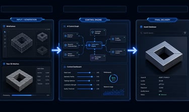 NovMotion AI visual supply chain architecture: 3-stage automated asset generation workflow.