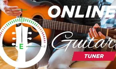 A musician playing an acoustic guitar with an online guitar tuner graphic overlay for tuning strings.