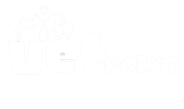 Logo de White Vet Point con un gato y un perro de caricatura y un corazón sobre un fondo negro.