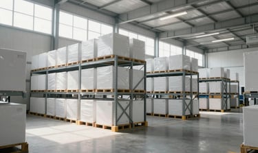 A wide shot of a modern, clean logistics warehouse in Southern Europe, with organized shelving and soft morning light entering through high windows. Professional and efficient atmosphere with a color palette of white and soft grays.