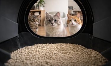 photo depuis l'intérieur du globe du robot litière, 3 chats regardent la caméra dans le réceptacle 