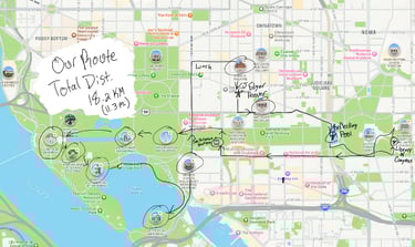 A map showing the route of travel in Washington DC and saying total distance 18.2 km