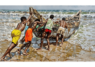 a group of men are pushing a boat in to the water