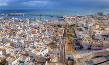 a cityscape of a city with a view of the sea