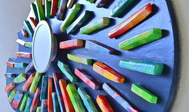 Nahaufnahme des real gewordenen Wandbildes aus sternförmig verklebten, bunten Holzscheiten mit integrierter Wandleuchte