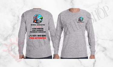 Camisa gris manga larga (DTF), logo al frente y atrás con servicios, teléfono y estimados gratis.