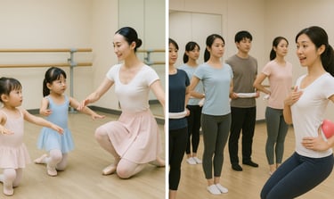 子どもたちがバレエを習う様子(左)と、大人が姿勢改善の体操をしている様子(右)のイメージ画像|堺市のニュースならサカイタイムズ