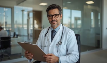 a male doctor in a white lab coat and tie dye