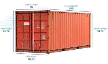 A red 20ft shipping container showing the outside dimensions