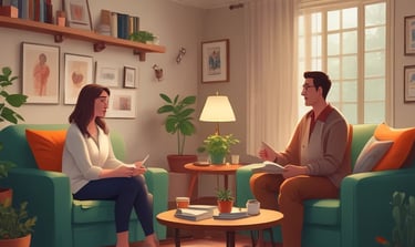 A professional consultation setting with a medical professional sitting at a desk facing a client. The room has a modern aesthetic with white walls decorated with framed certificates. The desk is organized with office supplies, a laptop, and a fruit bowl in the center.